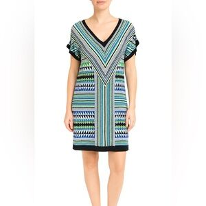 LONDON TIMES Geometric Print Vee Neck and Back Short Sleeve Mini Dress US Sz 12